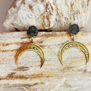 Gold Moon Boho Chic Earrings - Embellished Moon Hippie Chic Earrings
